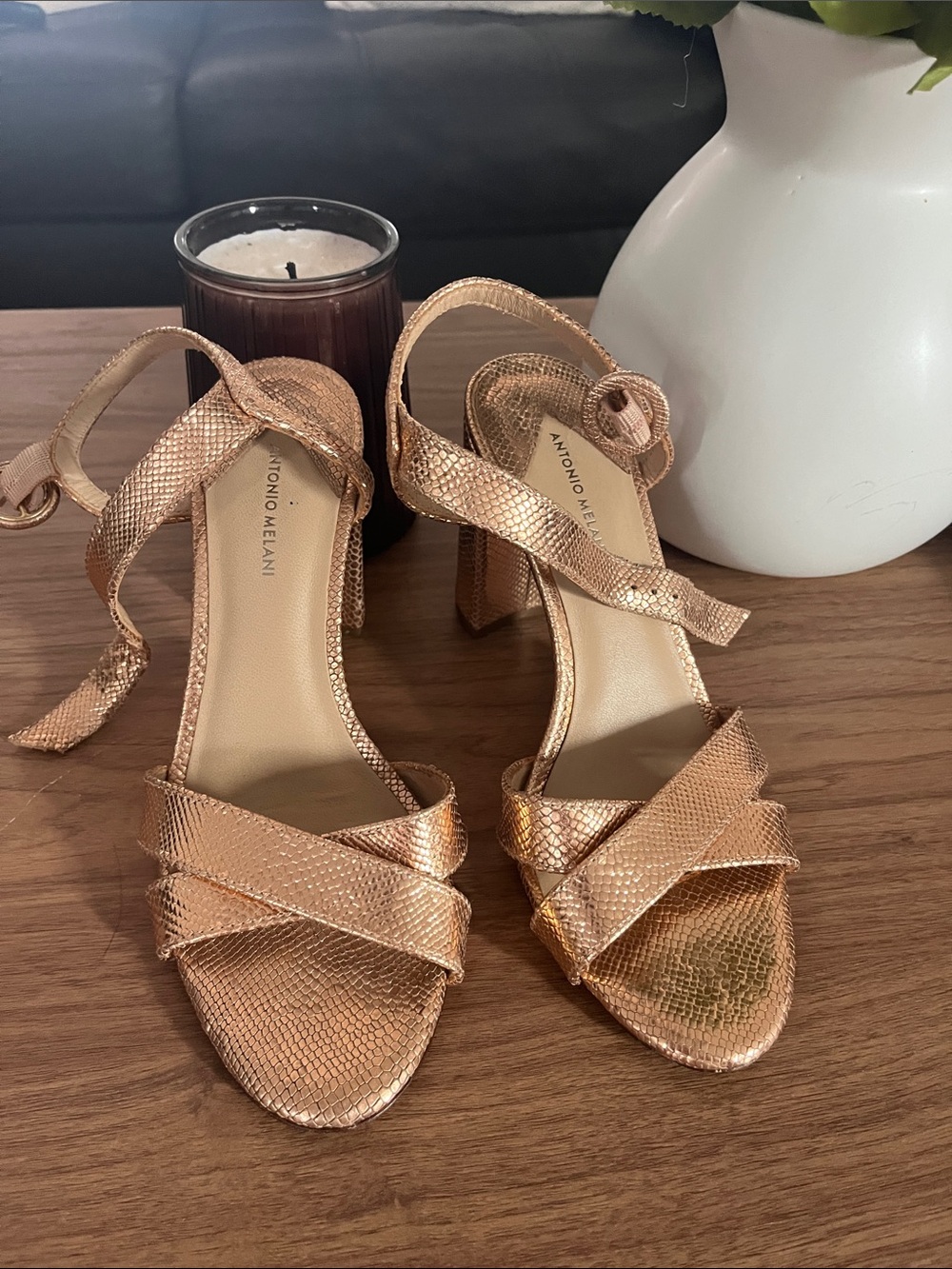 ANTONIO MELANI Metallic Rose Gold Textured Block Heel Sandals